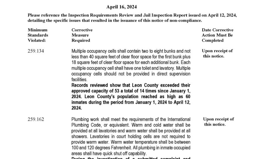 Leon County Jail Notice of Non Compliance Dean Malone Page 1