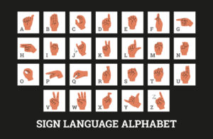 Sign language alphabet vector poster language of deaf mutes hand ASL symbols for deaf and dumb people communication