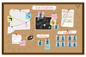 Bulletin board with crime scene investigation elements