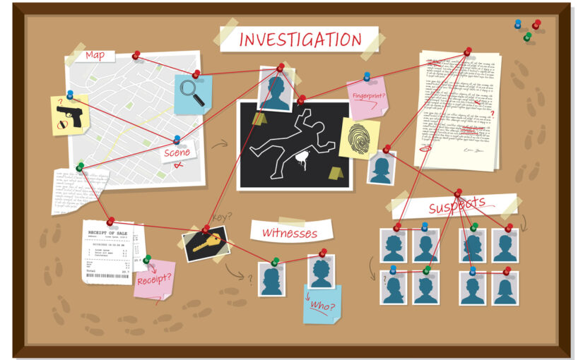 Bulletin board with crime scene investigation elements